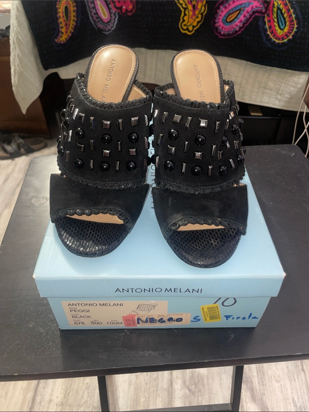 ANTONIO MELANI Black Studded Suede Slide Mules